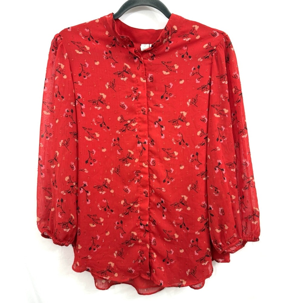 Joie Red Floral Button Front Semi Sheer Top Blouse Long Sleeve Womens Size L